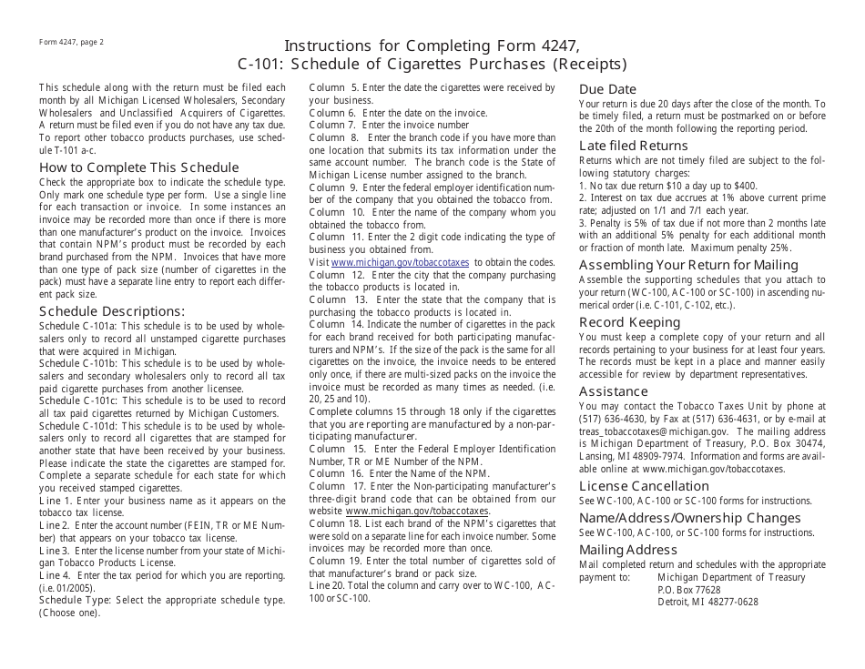 Form 4247 Schedule C-101 Schedule of Cigarette Purchases (Receipts) - Michigan, Page 2