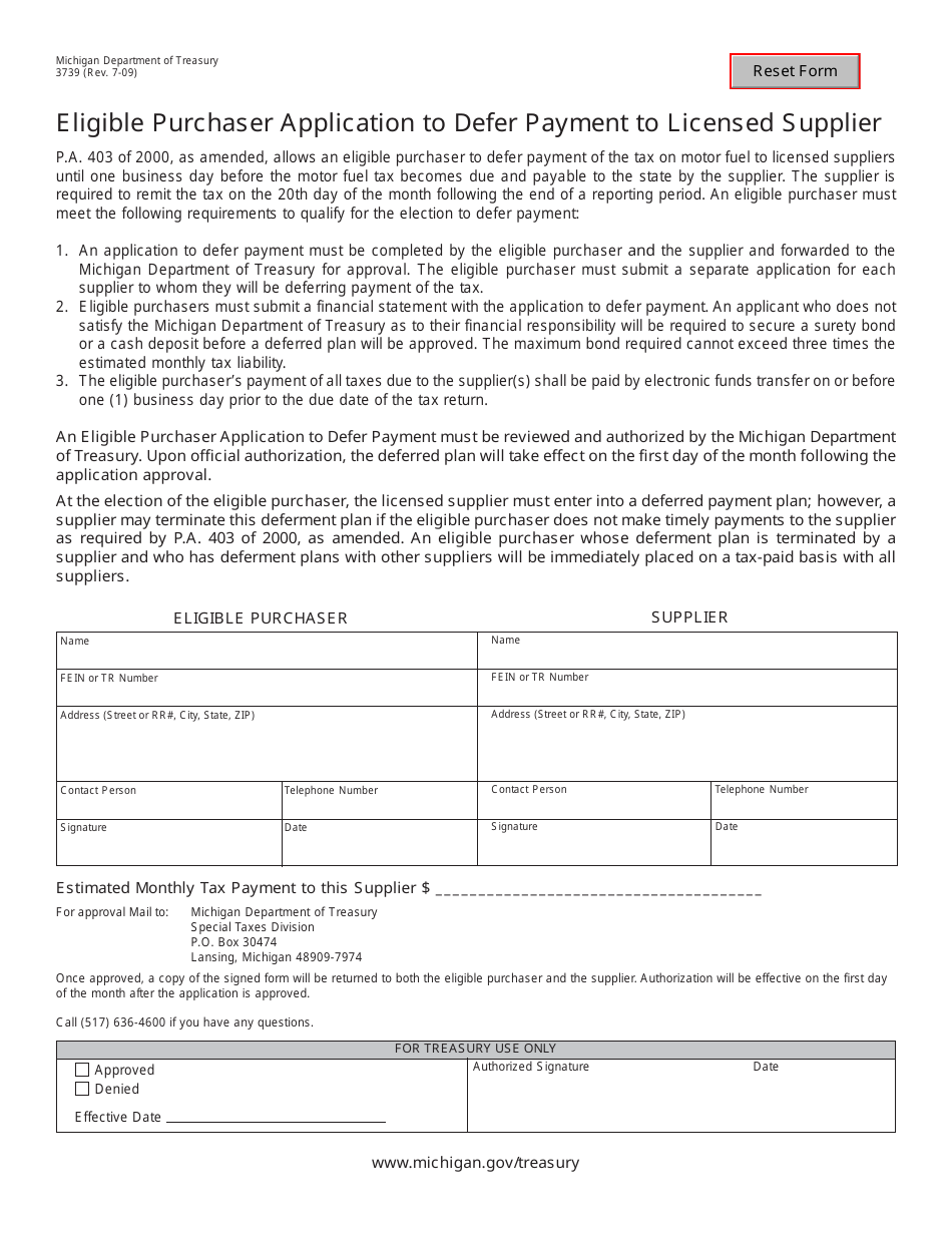 Form 3739 Eligible Purchaser Application to Defer Payment to Licensed Supplier - Michigan, Page 1
