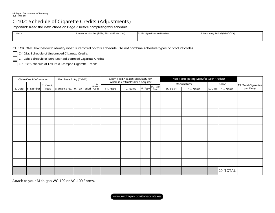 Form 4251 Schedule C-102 Schedule of Cigarette Credits (Adjustments) - Michigan, Page 1
