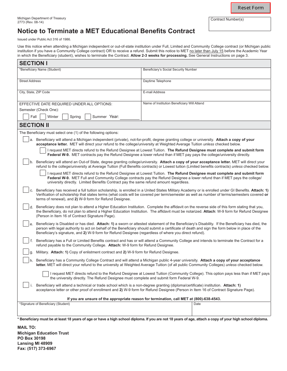 Form 2733 Notice to Terminate a Met Educational Benefits Contract - Michigan, Page 1