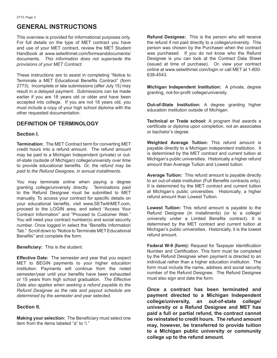 Form 2733 Notice to Terminate a Met Educational Benefits Contract - Michigan, Page 3