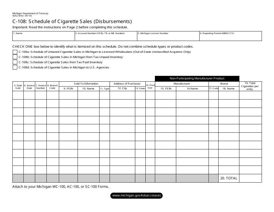 Form 4252 Schedule C-108 Schedule of Cigarette Sales (Disbursements) - Michigan, Page 1