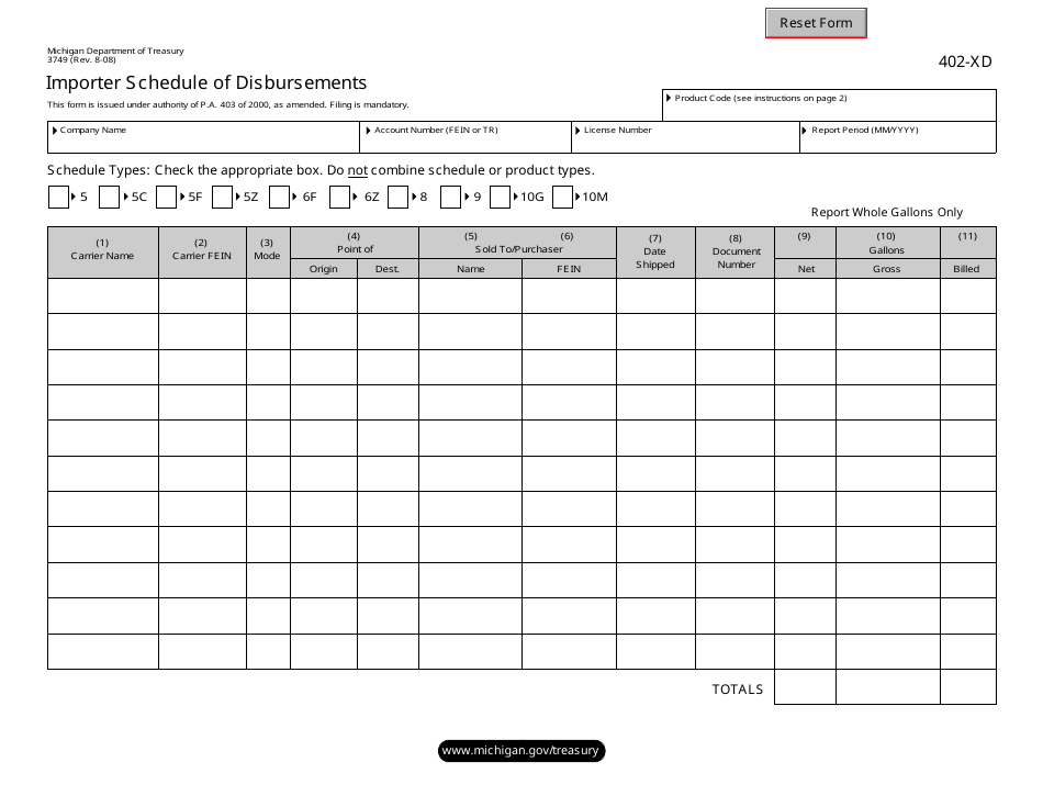 Form 3749 (402-XD) Importer Schedule of Disbursements - Michigan, Page 1