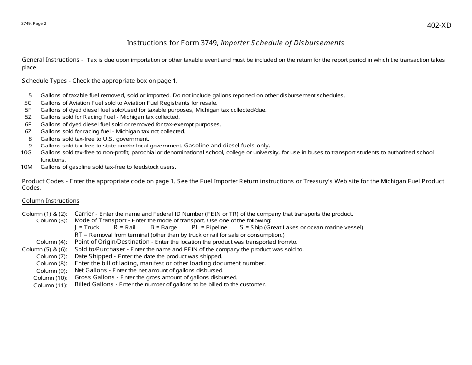 Form 3749 (402-XD) Importer Schedule of Disbursements - Michigan, Page 2