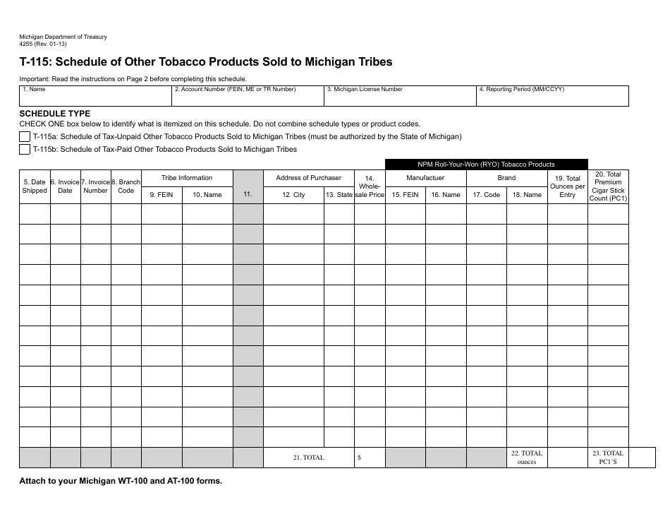 Form 4255 Schedule T-115 Schedule of Other Tobacco Products Sold to Michigan Tribes - Michigan, Page 1