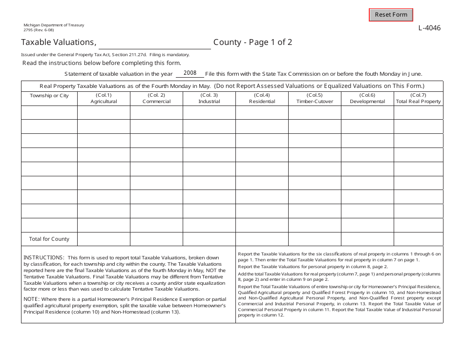 Form 2795 (L-4046) Taxable Valuations - Michigan, Page 1