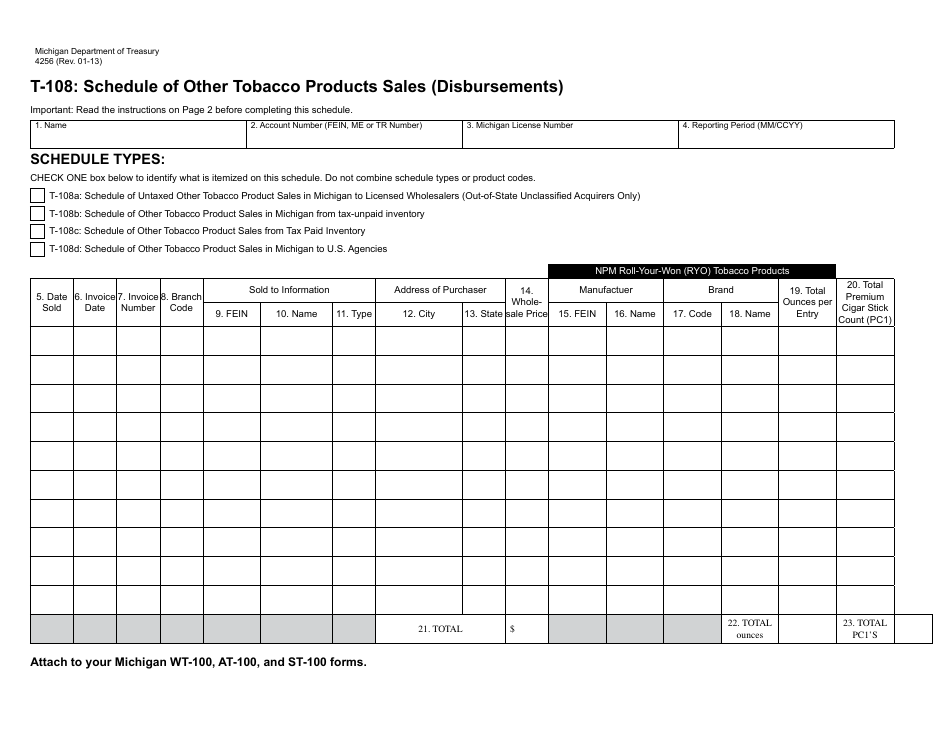 Form 4256 Schedule T-108 Schedule of Other Tobacco Products Sales (Disbursements) - Michigan, Page 1