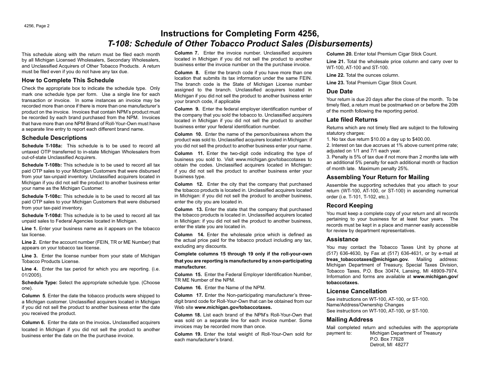 Form 4256 Schedule T-108 Schedule of Other Tobacco Products Sales (Disbursements) - Michigan, Page 2