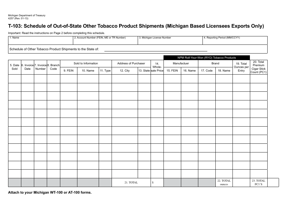 Form 4257 Schedule T-103 Schedule of Out-of-State Other Tobacco Product Shipments (Michigan Based Licensees Exports Only) - Michigan, Page 1