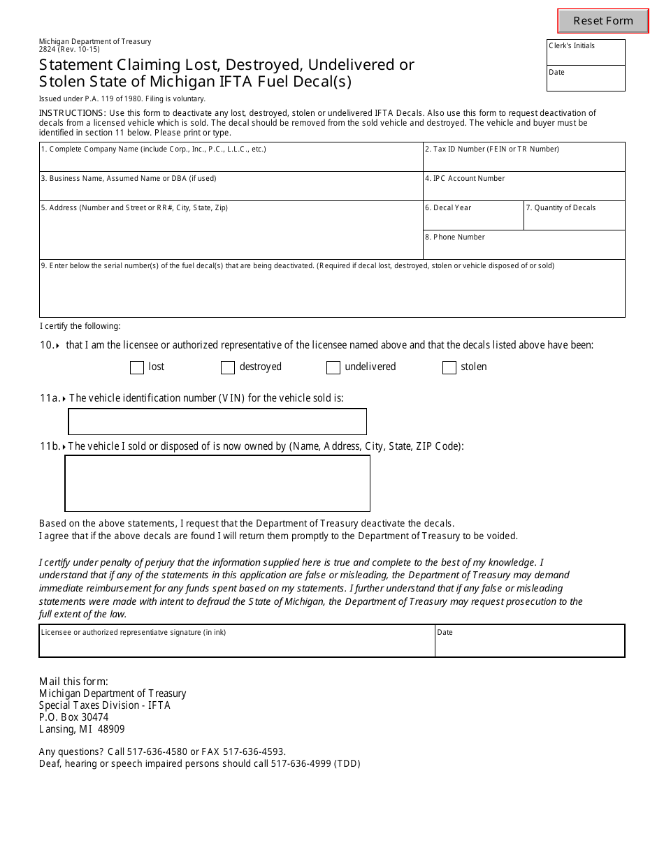 Form 2824 Statement Claiming Lost, Destroyed, Undelivered or Stolen State of Michigan Ifta Fuel Decal(S) - Michigan, Page 1