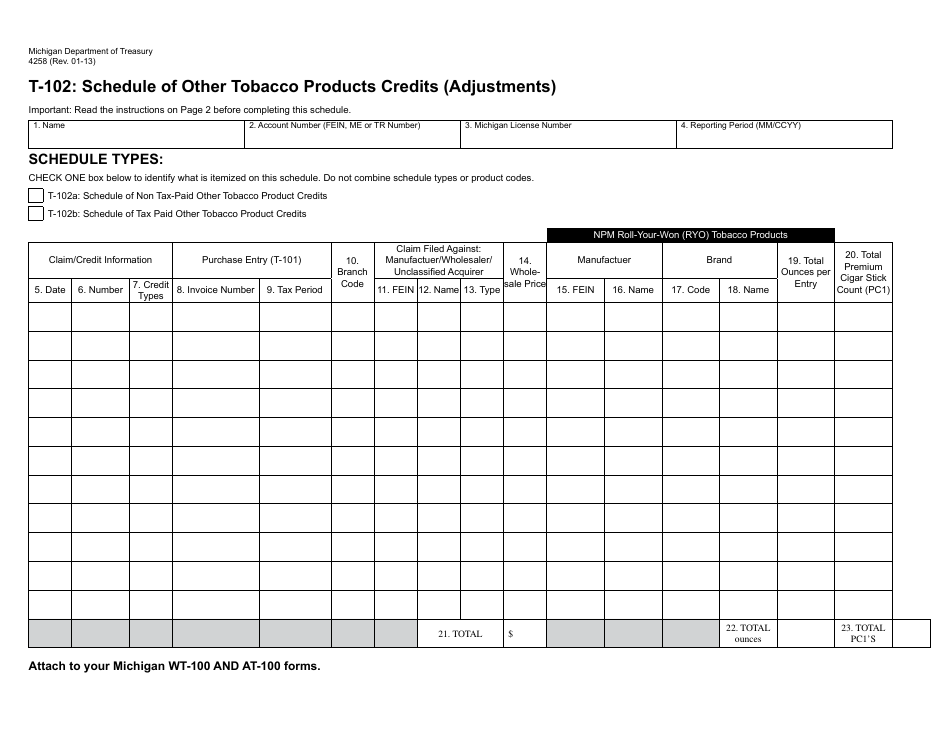 Form 4258 Schedule T-102 Schedule of Other Tobacco Products Credits (Adjustments) - Michigan, Page 1
