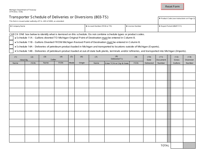 Form 3779 Schedule 803-TS Transporter Schedule of Deliveries or Diversions - Michigan