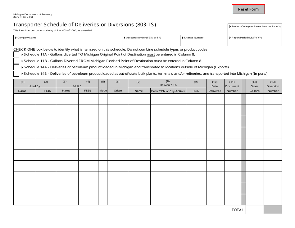 Form 3779 Schedule 803-TS Transporter Schedule of Deliveries or Diversions - Michigan, Page 1