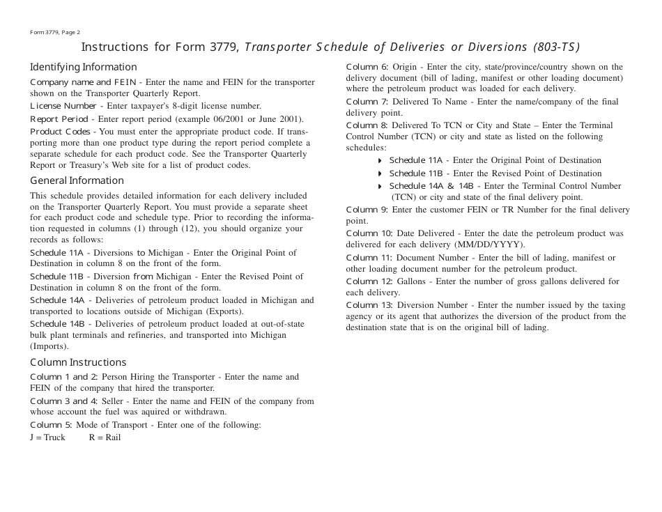 Form 3779 Schedule 803-TS Transporter Schedule of Deliveries or Diversions - Michigan, Page 2