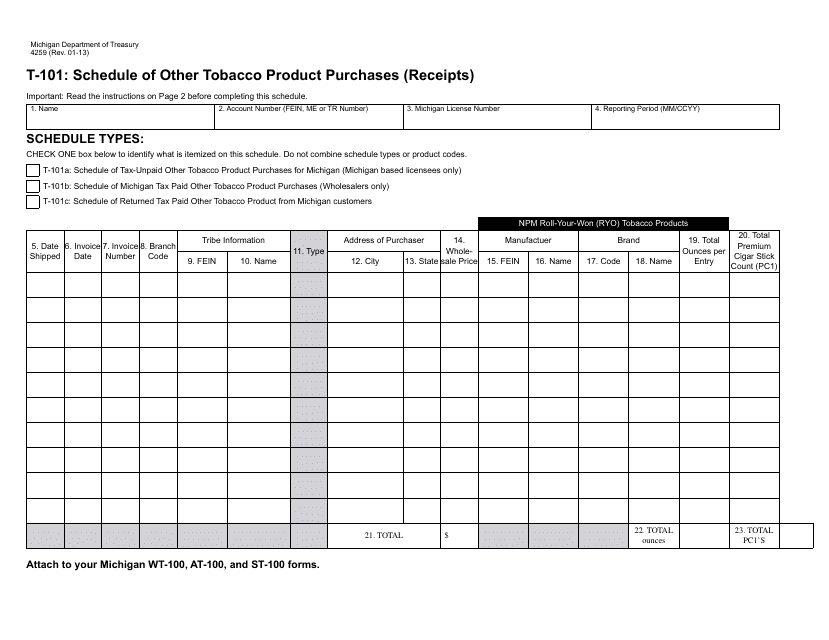 Form 4259 (T-101) Schedule of Other Tobacco Product Purchases (Receipts) - Michigan