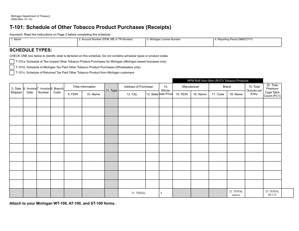 Form 4259 (T-101) Schedule of Other Tobacco Product Purchases (Receipts) - Michigan, Page 1