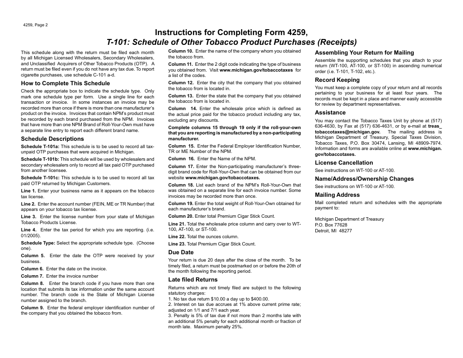 Form 4259 (T-101) Schedule of Other Tobacco Product Purchases (Receipts) - Michigan, Page 2