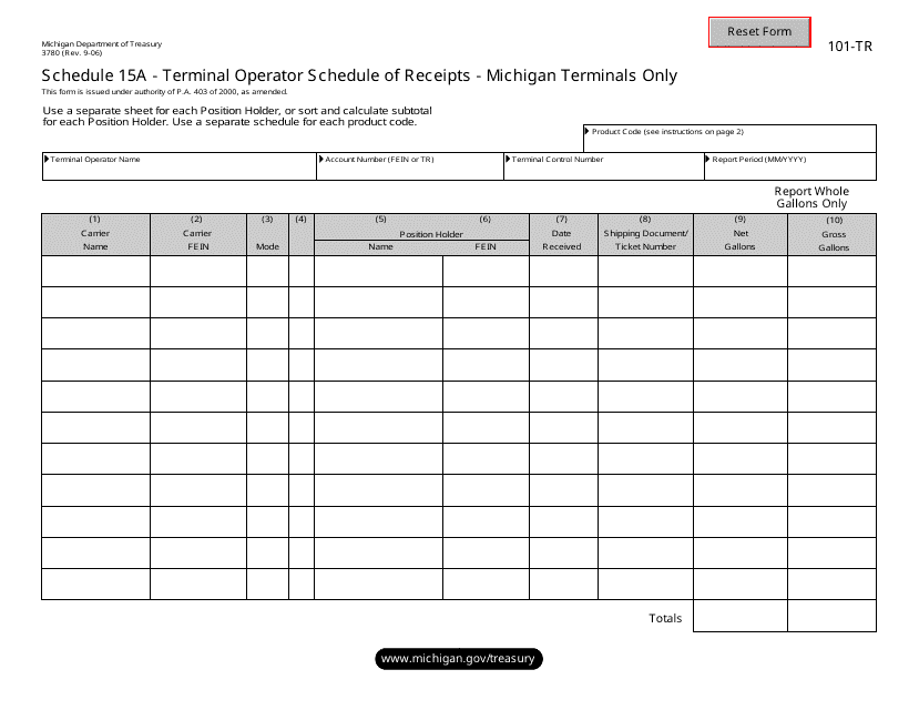 Form 3780 (101-TR) Schedule 15A  Printable Pdf