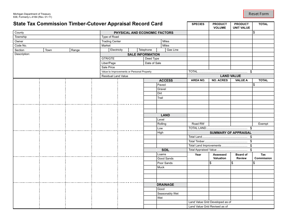 Form 638 State Tax Commission Timber-Cutover Appraisal Record Card - Michigan, Page 1