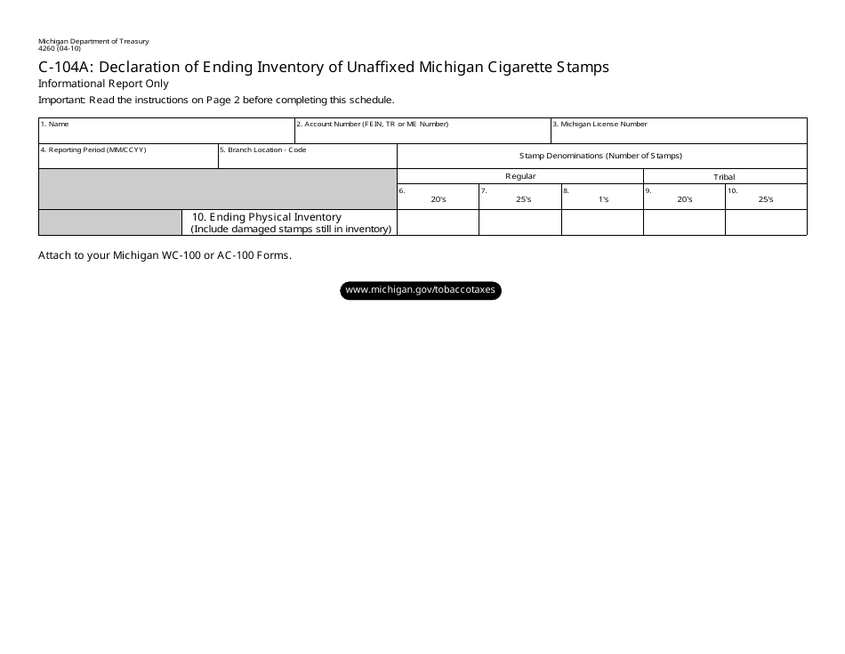 Form 4260 C-104a: Declaration of Ending Inventory of Unaffixed Michigan Cigarette Stamps - Michigan, Page 1