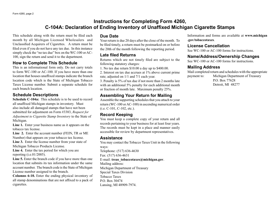 Form 4260 C-104a: Declaration of Ending Inventory of Unaffixed Michigan Cigarette Stamps - Michigan, Page 2