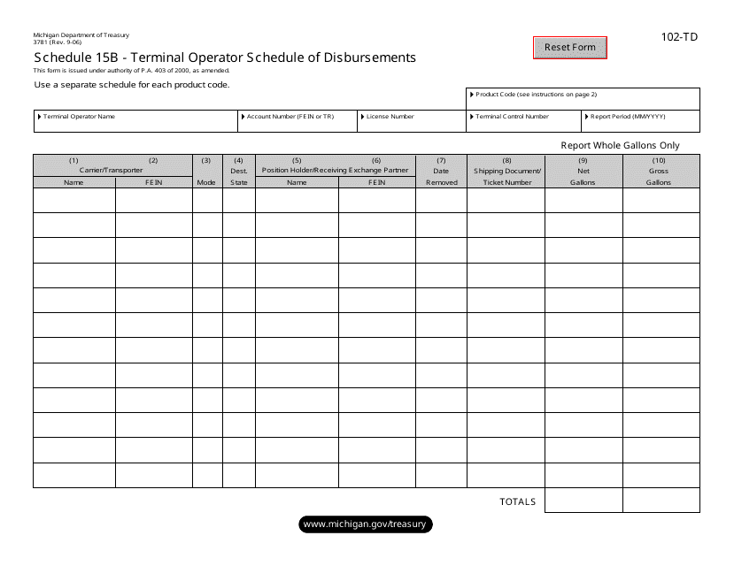 Form 3781 (102-TD) Schedule 15B  Printable Pdf