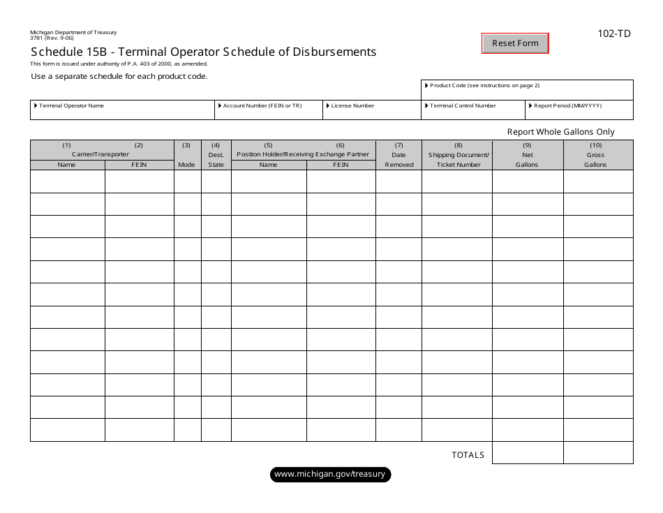 Form 3781 (102-TD) Schedule 15B Terminal Operator Schedule of Disbursements - Michigan, Page 1