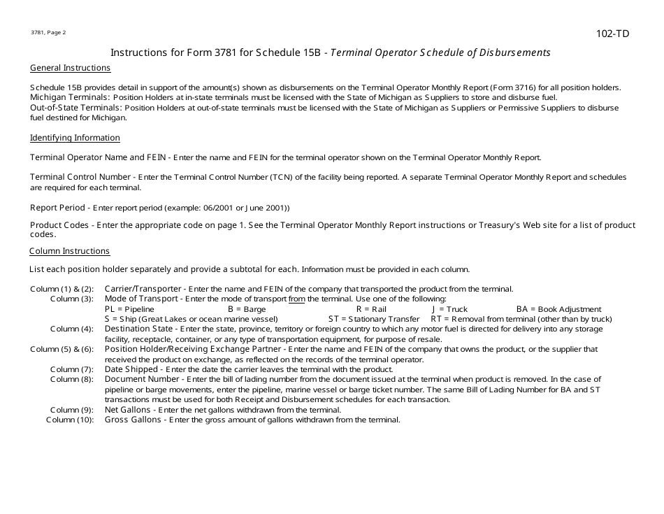 Form 3781 (102-TD) Schedule 15B Terminal Operator Schedule of Disbursements - Michigan, Page 2