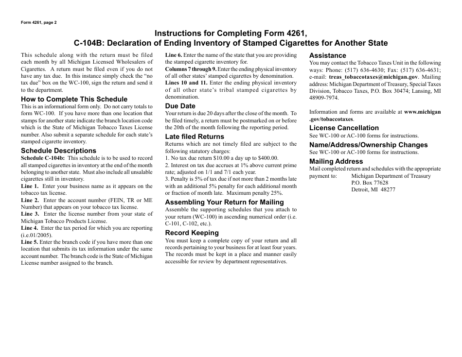Form 4261 Schedule C-104B Declaration of Cigarettes in Inventory Stamped for Another State - Michigan, Page 2