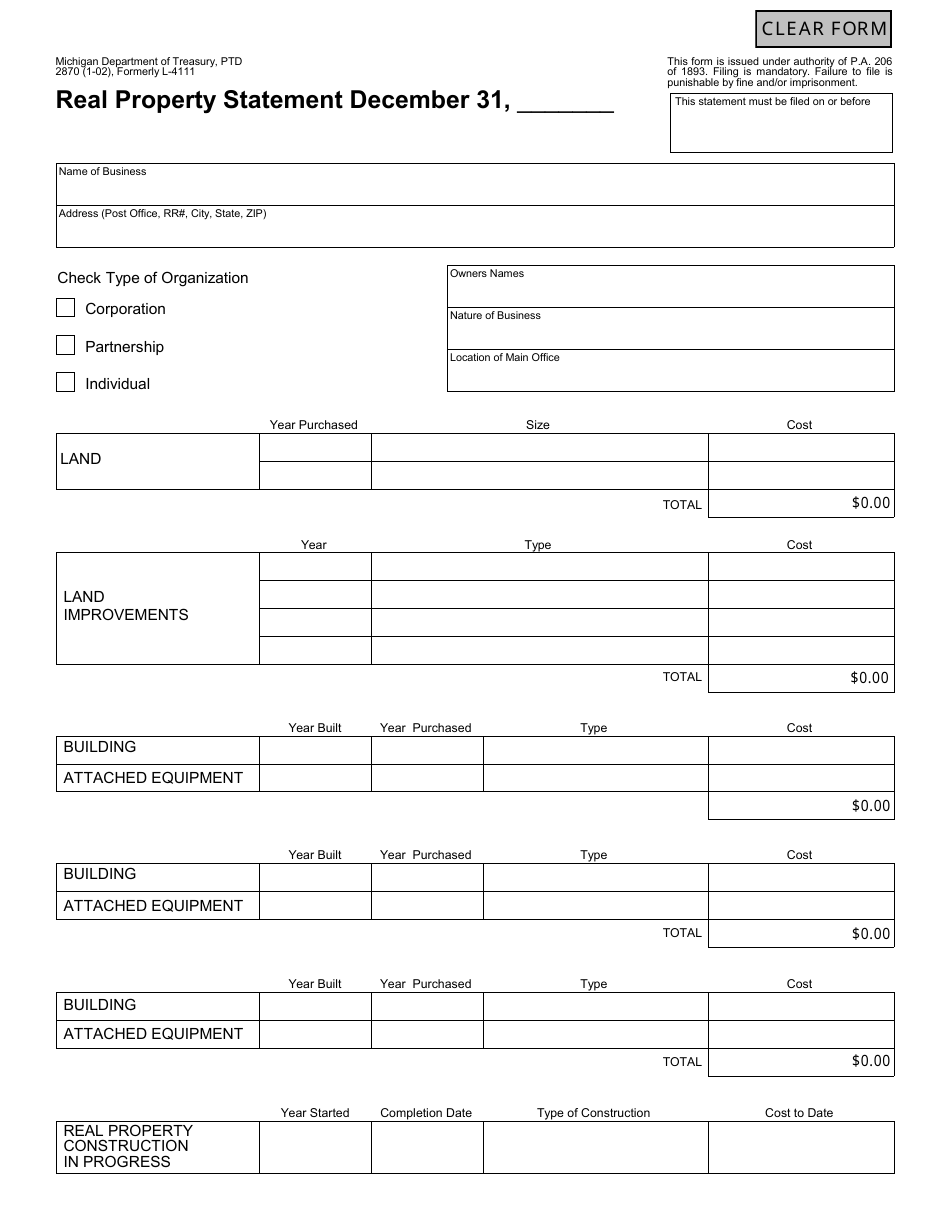 Form PTD2870 Real Property Statement (Formerly L-4111) - Michigan, Page 1