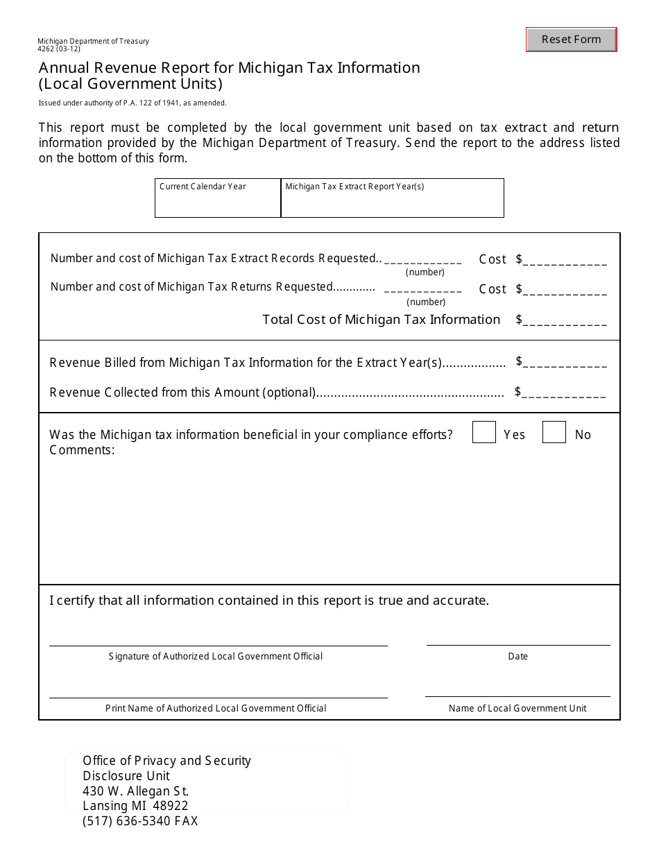 Form 4262 Annual Revenue Report for Michigan Tax Information (Local Government Units) - Michigan, Page 1