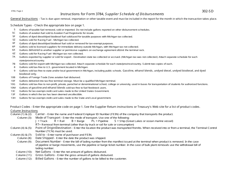 Form 3784 (302-SD) Supplier Schedule of Disbursements - Michigan, Page 2
