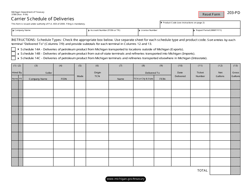 Form 3788 (203-PD) Carrier Schedule of Deliveries - Michigan