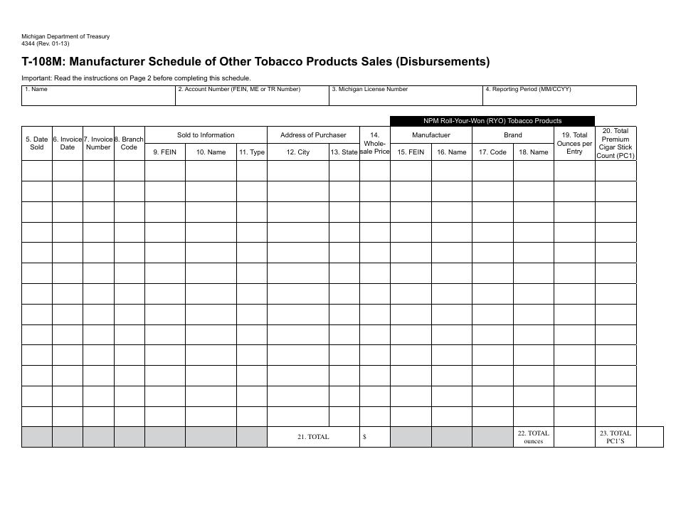 Form 4344 Schedule T-108M Manufacturer Schedule of Other Tobacco Products Sales (Disbursements) - Michigan, Page 1