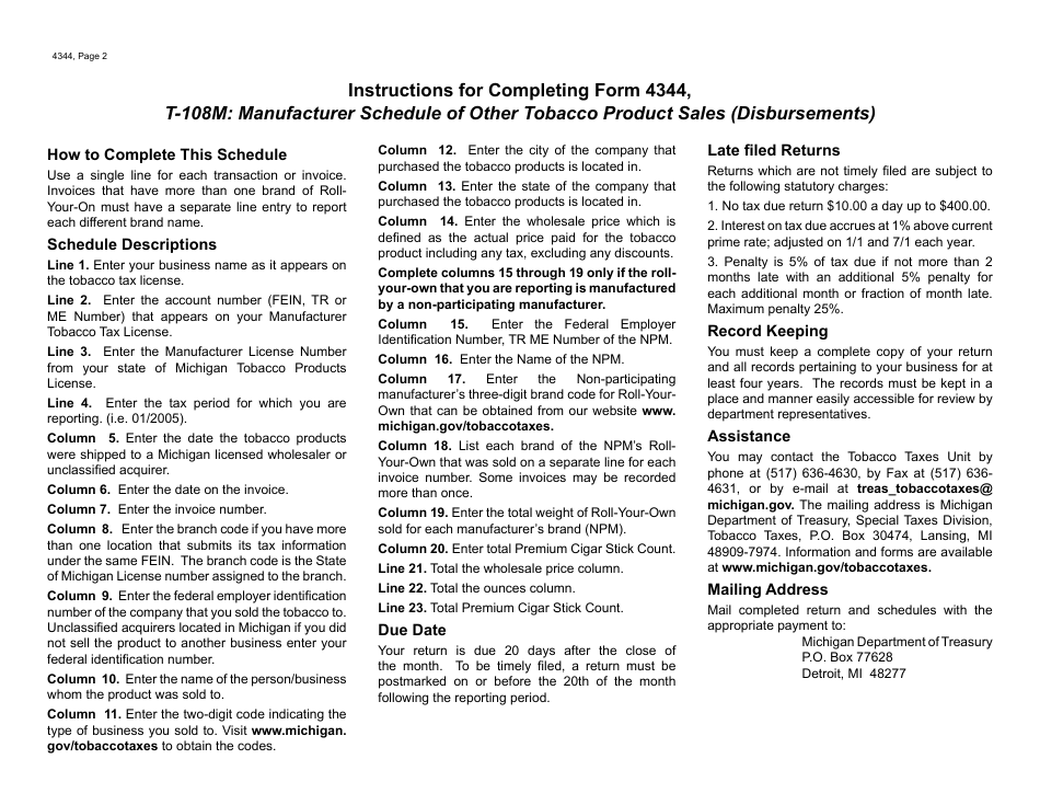 Form 4344 Schedule T-108M Manufacturer Schedule of Other Tobacco Products Sales (Disbursements) - Michigan, Page 2