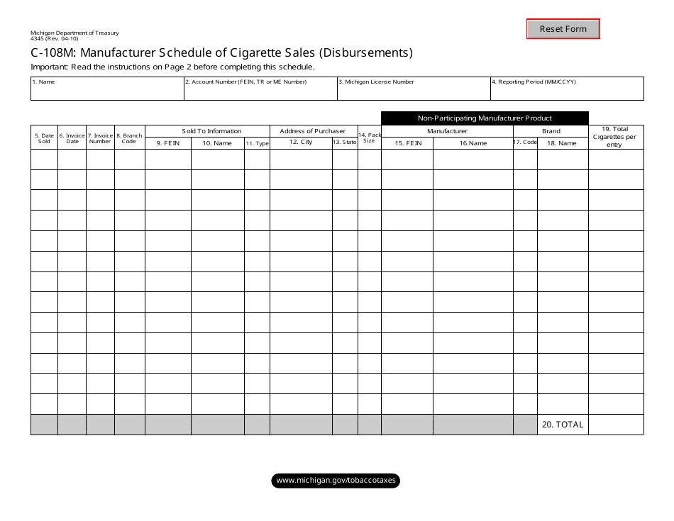 Form 4345 Schedule C-108M Manufacturer Schedule of Cigarette Sales (Disbursements) - Michigan, Page 1
