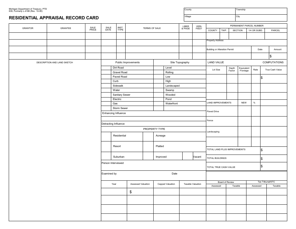 Form PTD639 Residential Appraisal Record Card - Michigan, Page 1