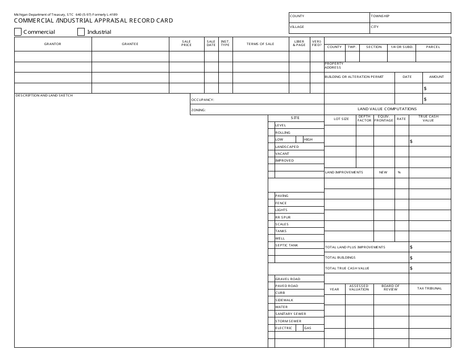 Form STC640 Commercial / Industrial Appraisal Record Card - Michigan, Page 1