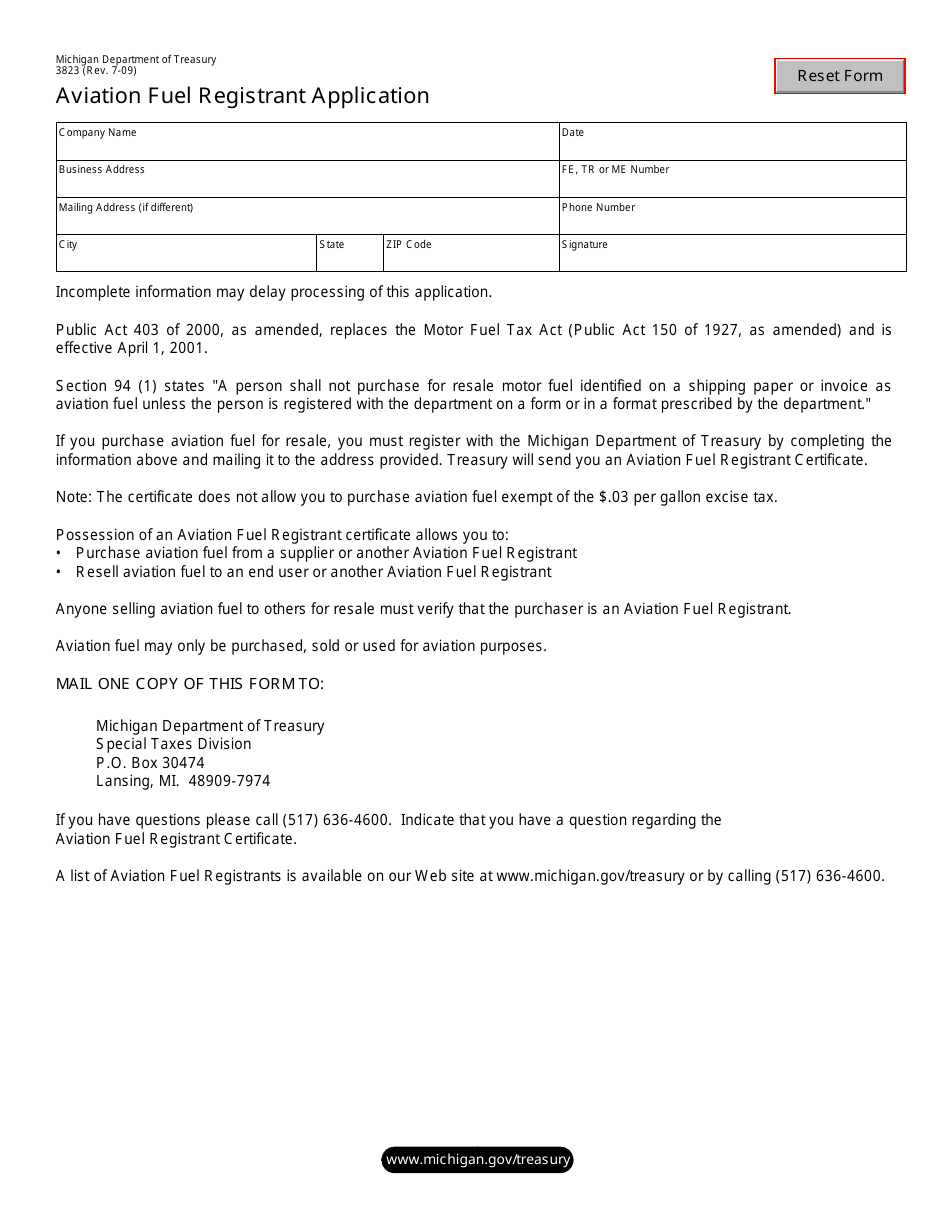 Form 3823 Aviation Fuel Registrant Application - Michigan, Page 1