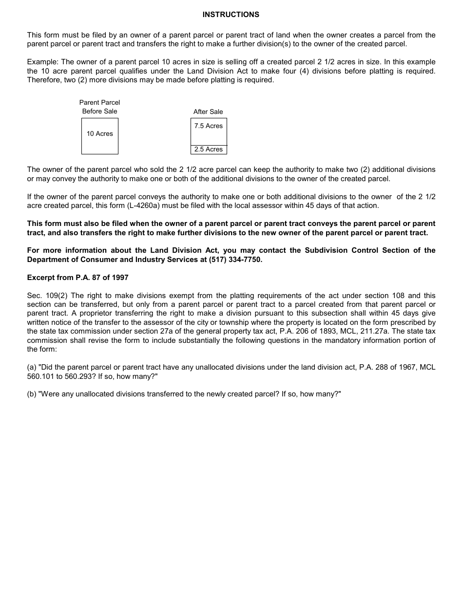 Form 3278 (L-4260A) Notice to Assessor of Transfer of the Right to Make a Division of Land - Michigan, Page 2