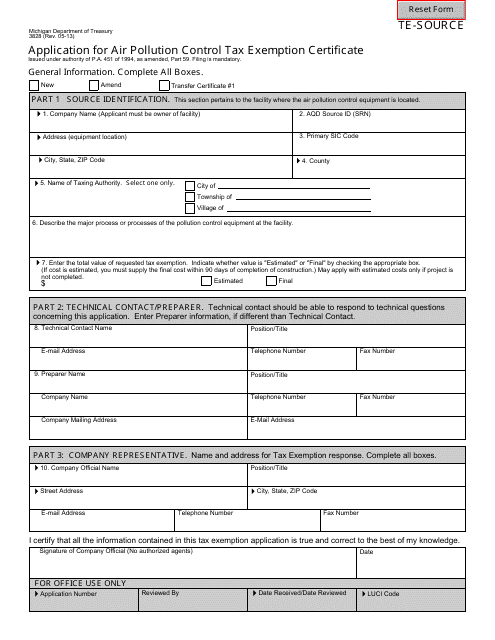 Form 3828 Application for Air Pollution Control Tax Exemption Certificate - Michigan