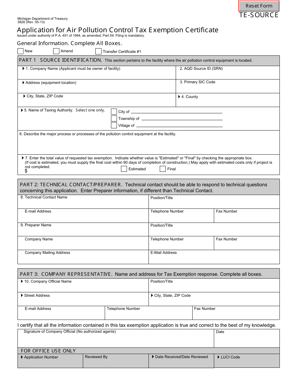 Form 3828 Application for Air Pollution Control Tax Exemption Certificate - Michigan, Page 1