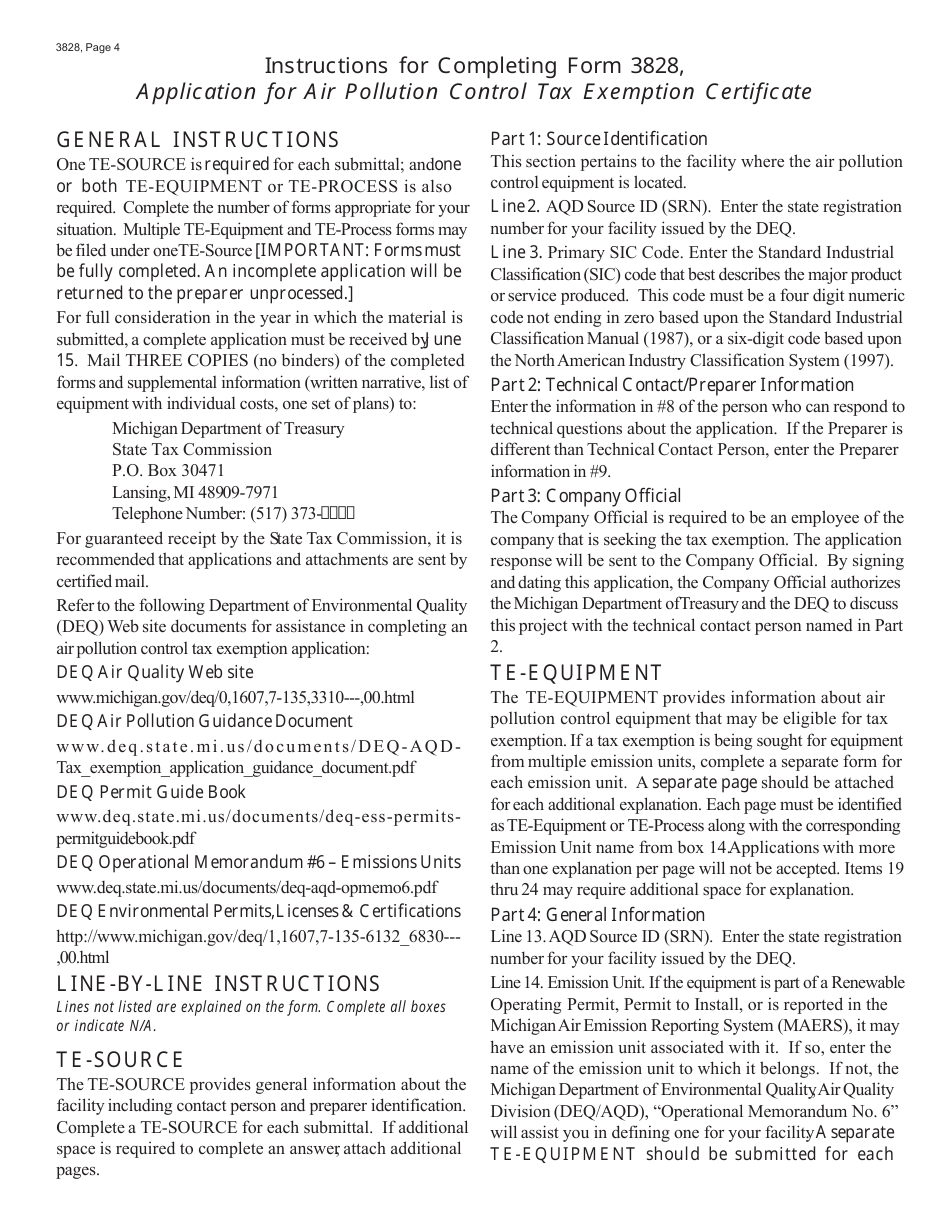 Form 3828 Application for Air Pollution Control Tax Exemption Certificate - Michigan, Page 4