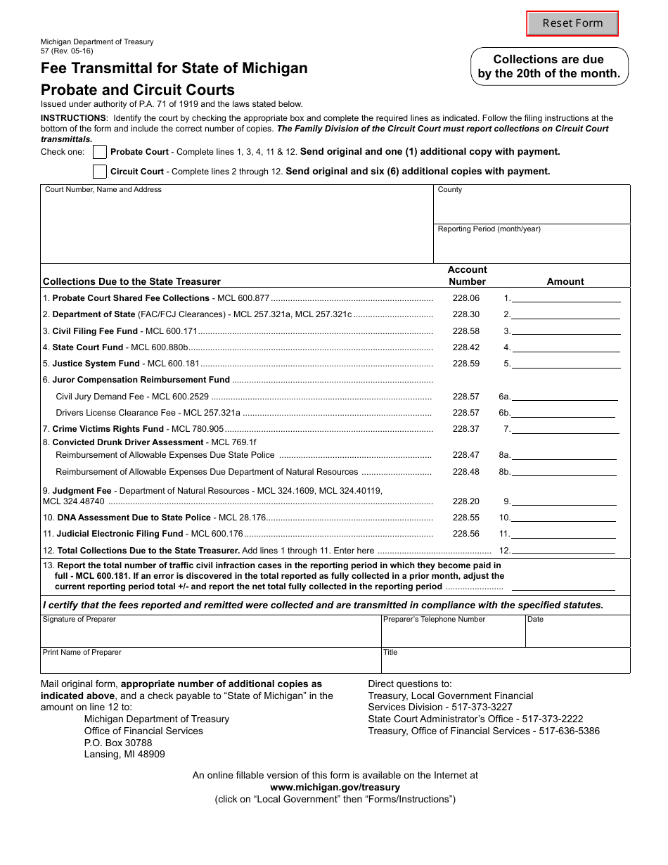 Form 57 Fee Transmittal for State of Michiganprobate and Circuit Courts - Michigan, Page 1