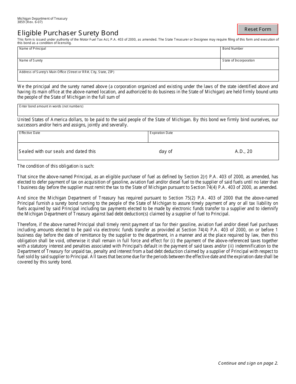 Form 3859 Eligible Purchaser Surety Bond - Michigan, Page 1