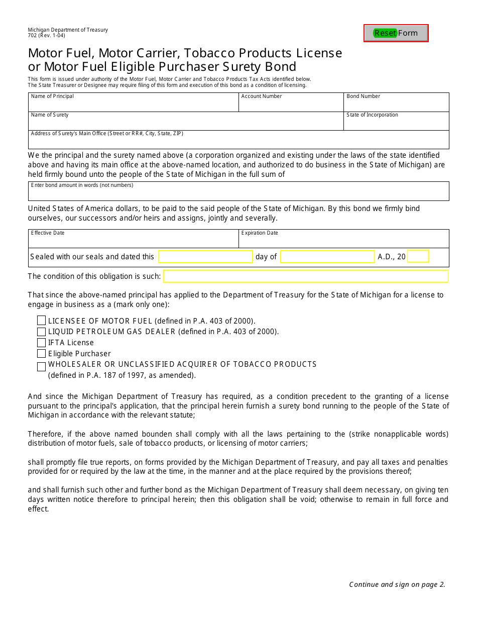 Form 702 Motor Fuel, Motor Carrier, Tobacco Products License or Motor Fuel Eligible Purchaser Surety Bond - Michigan, Page 1
