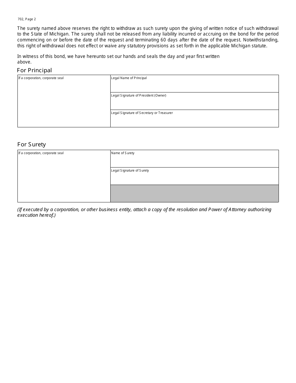 Form 702 Motor Fuel, Motor Carrier, Tobacco Products License or Motor Fuel Eligible Purchaser Surety Bond - Michigan, Page 2