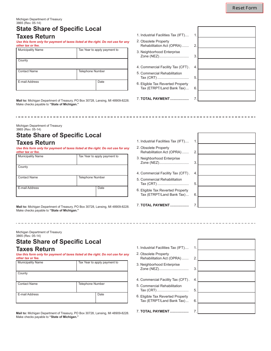 Form 3865 State Share of Specific Local Taxes Return - Michigan, Page 1