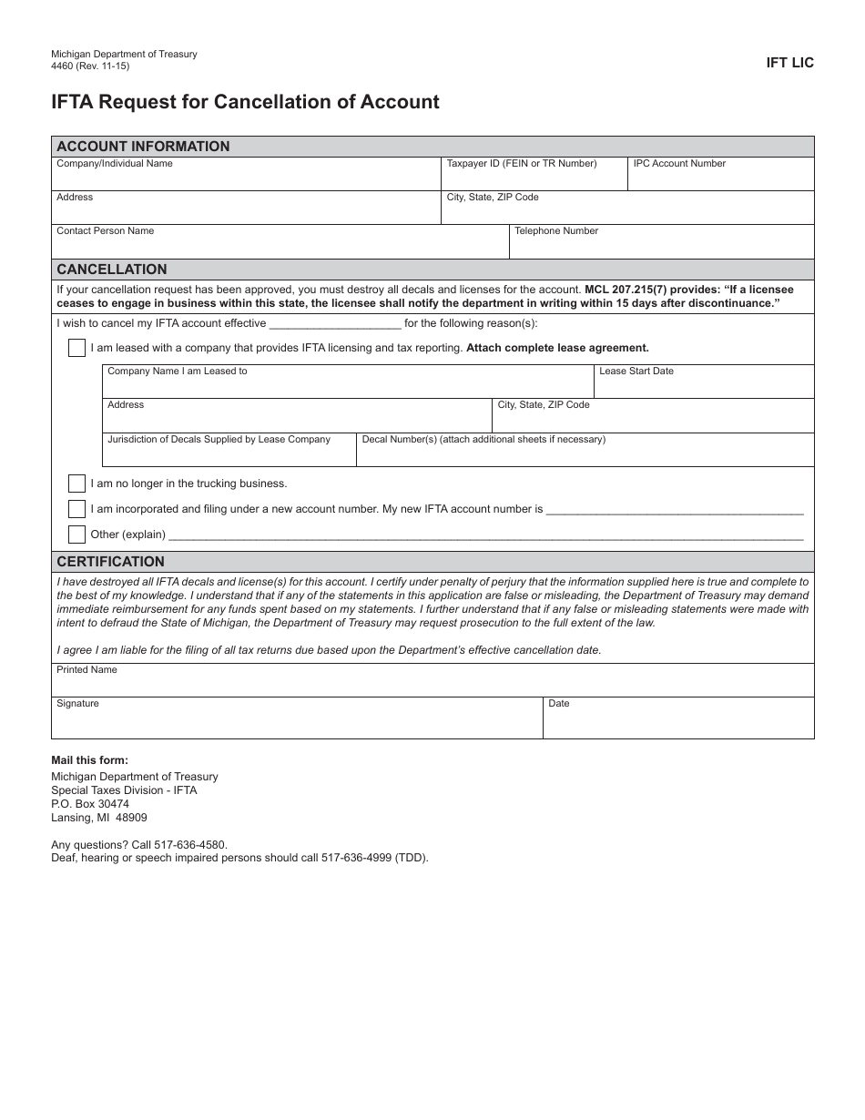 Form 4460 (IFT LIC) Ifta Request for Cancellation of Account - Michigan, Page 1