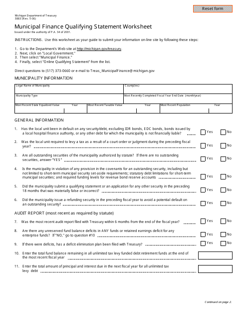 Form 3883 Municipal Finance Qualifying Statement Worksheet - Michigan